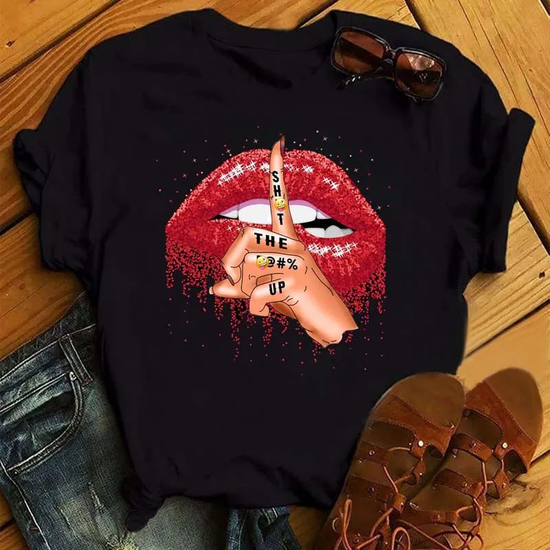 Women Short Sleeve Tshirts Fashion Red Lips Finger Print Ladies T-shirts Top Cartoon Womens Graphic Tees T-Shirts