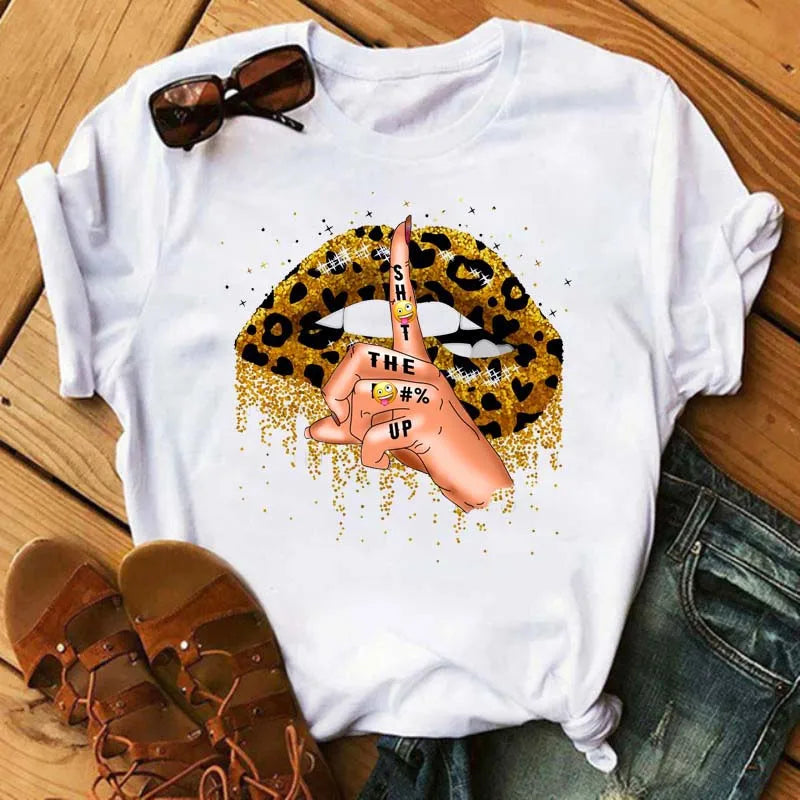 Women T-shirt Fashion Lips or Finger Print Ladies T-shirts Top Cartoon Women Graphic Tees T-Shirts