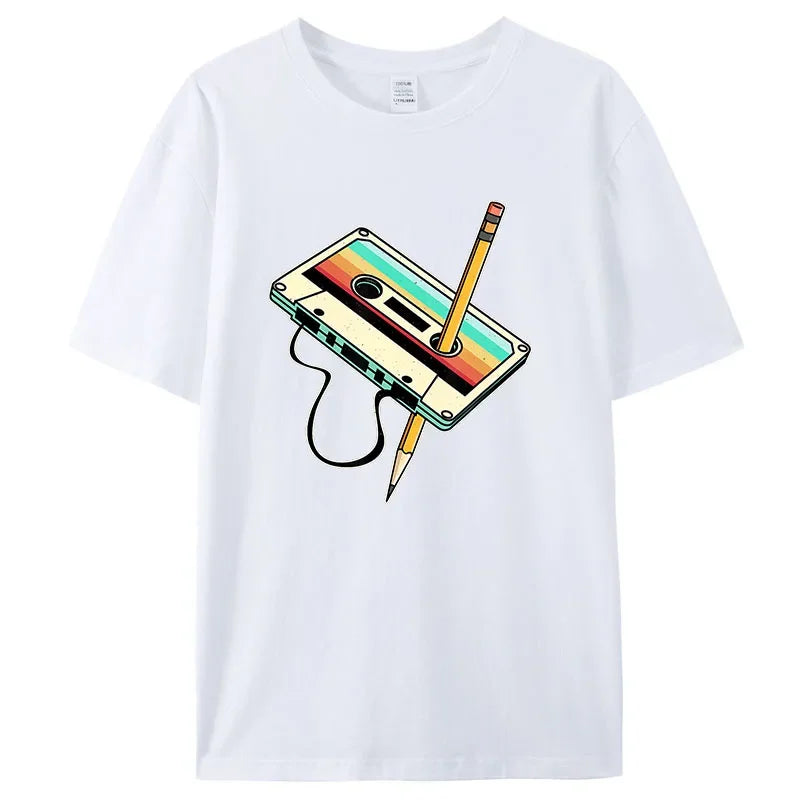 Retro 1980s Cassette Tape Cotton Tee – Casual Full Sleeve