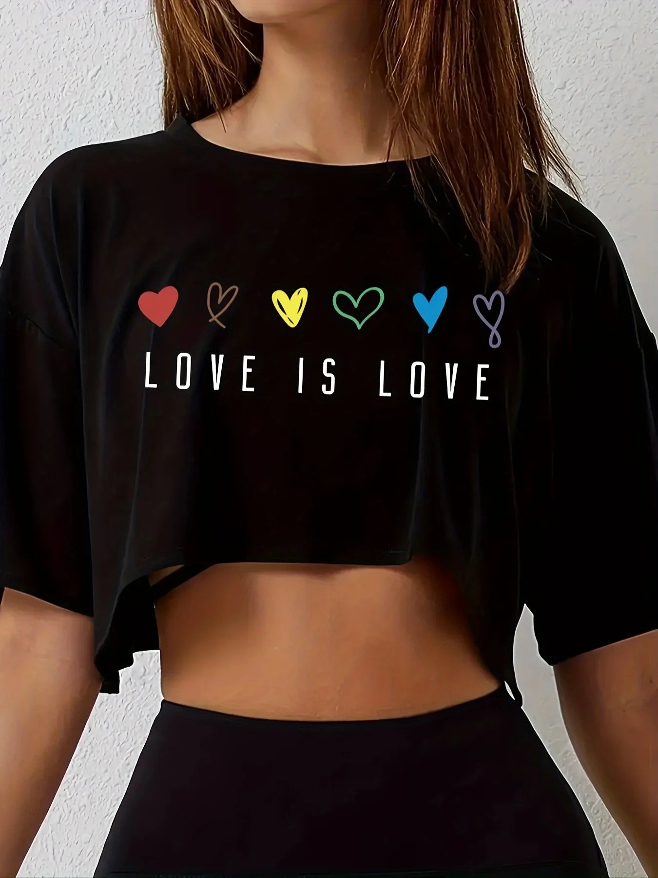Love Is Love Crop Top T-Shirt - Short Length Casual Loose Fit Breathable Medium Stretch Polyester Colorful Heart