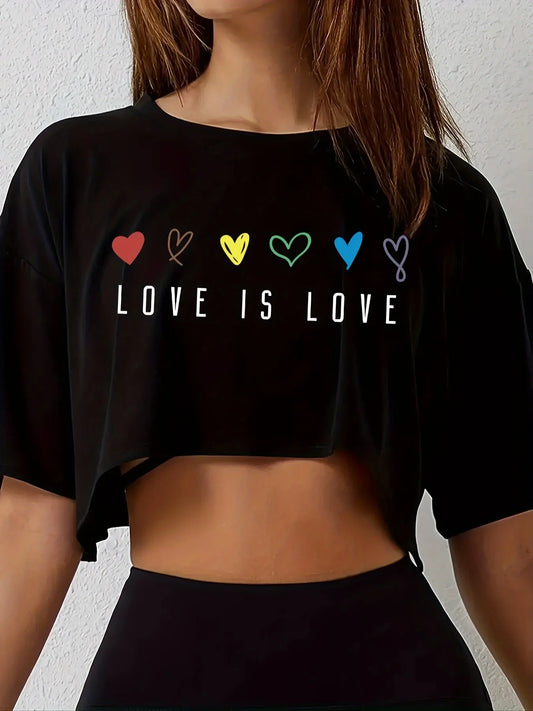 Love Is Love Crop Top T-Shirt - Short Length Casual Loose Fit Breathable Medium Stretch Polyester Colorful Heart