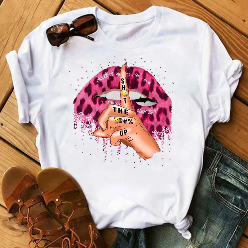 Women T-shirt Fashion Lips or Finger Print Ladies T-shirts Top Cartoon Women Graphic Tees T-Shirts