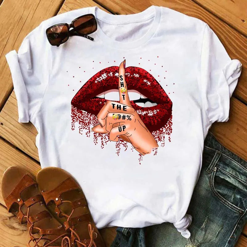 Women T-shirt Fashion Lips or Finger Print Ladies T-shirts Top Cartoon Women Graphic Tees T-Shirts