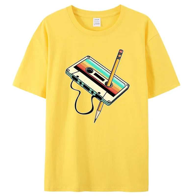 Retro 1980s Cassette Tape Cotton Tee – Casual Full Sleeve