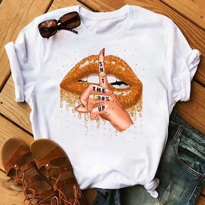Women T-shirt Fashion Lips or Finger Print Ladies T-shirts Top Cartoon Women Graphic Tees T-Shirts