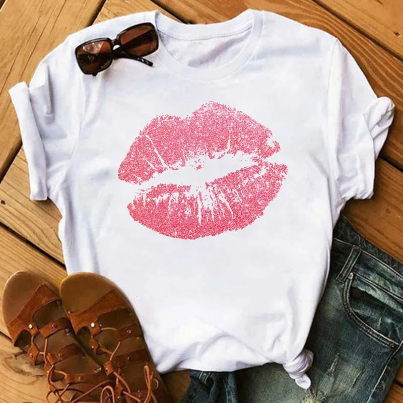 Women T-shirt Fashion Lips or Finger Print Ladies T-shirts Top Cartoon Women Graphic Tees T-Shirts