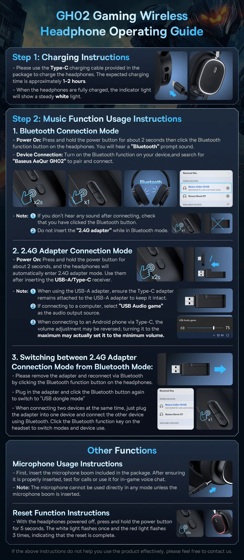 Wireless Headphone With Mic Over-Ear Headphones Bluetooth 5.3 40Mm Driver 2.4G/Wireless/Cable Rgb Headsets