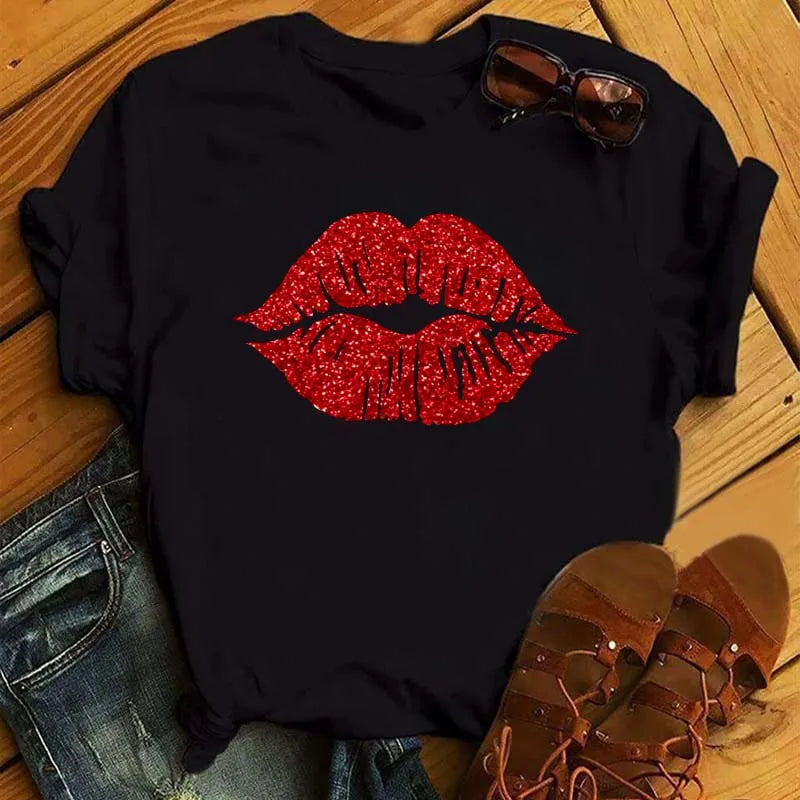 Women Short Sleeve Tshirts Fashion Red Lips Finger Print Ladies T-shirts Top Cartoon Womens Graphic Tees T-Shirts
