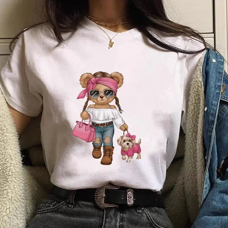 2025 Summer New T Shirt Women Fashion Bear Print Short Sleeve Tops Casual Pullover Street Y2k Fashion Tshirt Female Tees