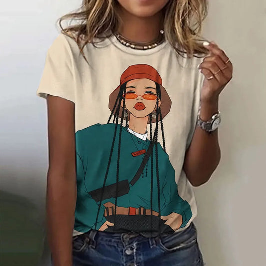 Womens T-Shirts Woman Wearing Hat Cartoon Characters Print T-Shirt Harajuku Vintage Oversized Female Clothing