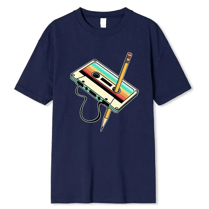 Retro 1980s Cassette Tape Cotton Tee – Casual Full Sleeve
