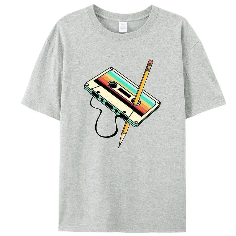 Retro 1980s Cassette Tape Cotton Tee – Casual Full Sleeve