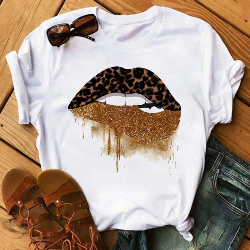 Women T-shirt Fashion Lips or Finger Print Ladies T-shirts Top Cartoon Women Graphic Tees T-Shirts