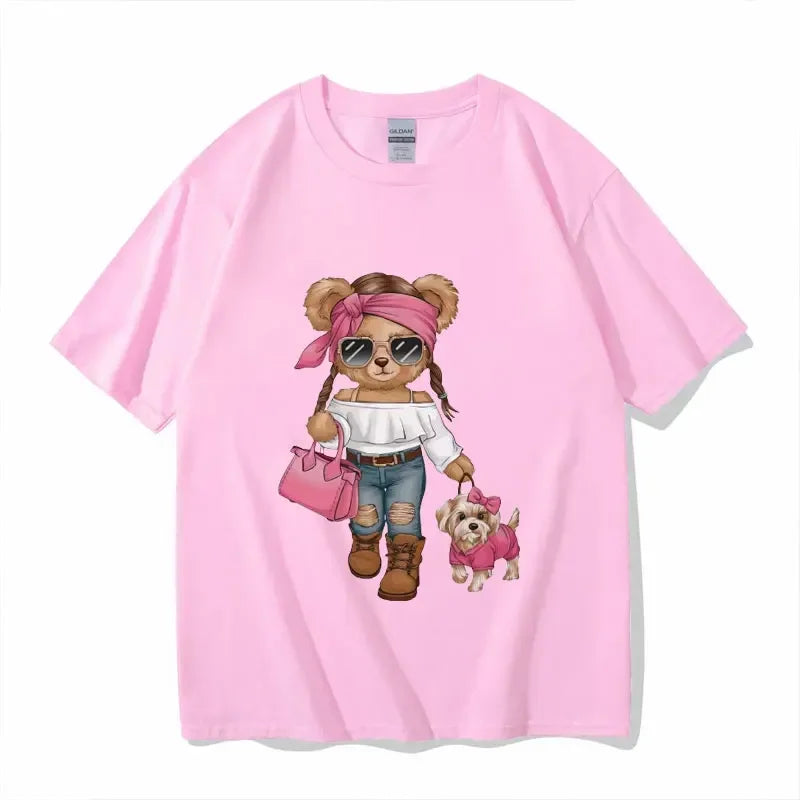 2025 Summer New T Shirt Women Fashion Bear Print Short Sleeve Tops Casual Pullover Street Y2k Fashion Tshirt Female Tees