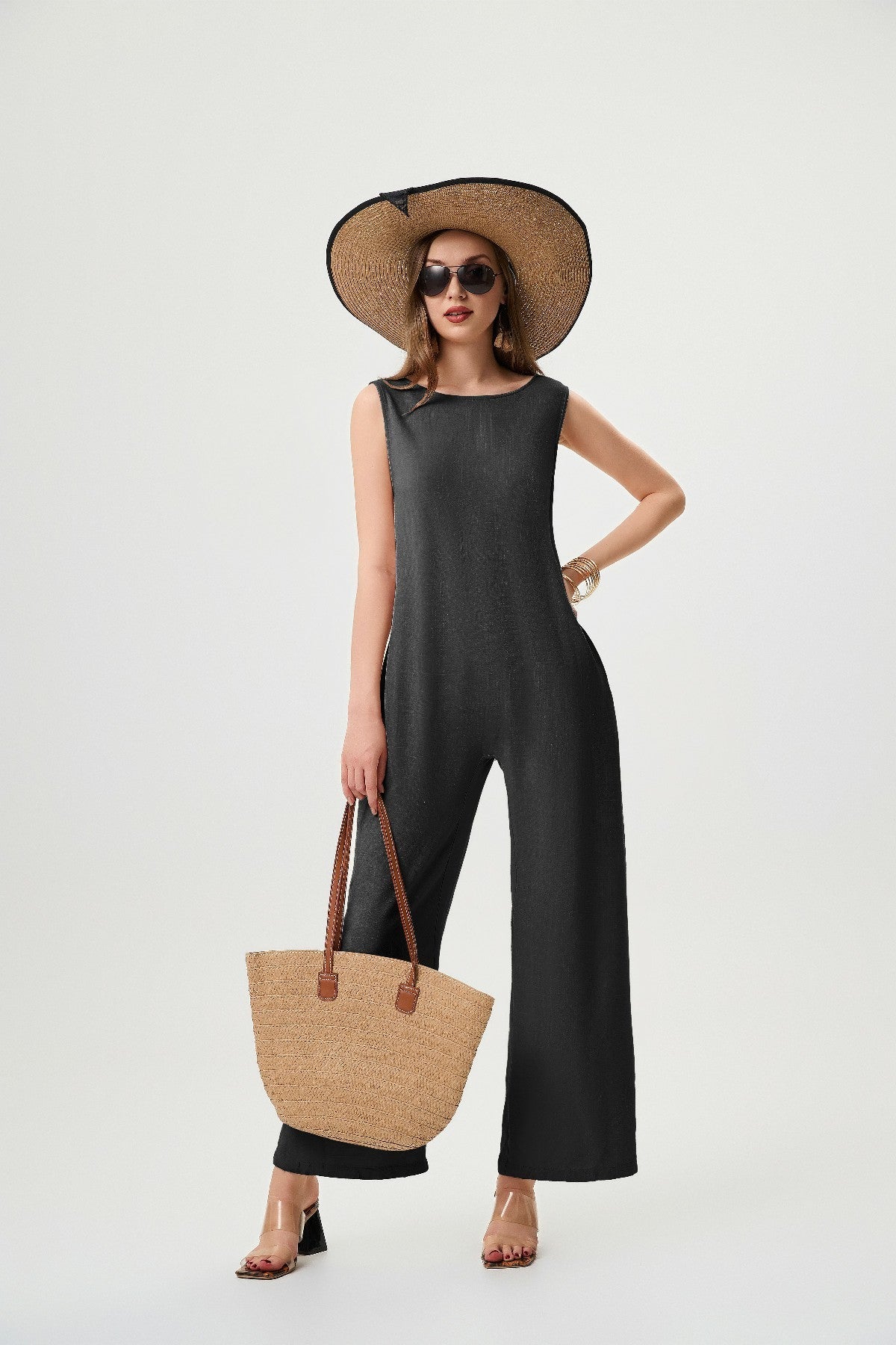 Linen Black Jumpsuit - Comfortable And Breathable, Elastic Back With Classic H-Line Design And Pockets