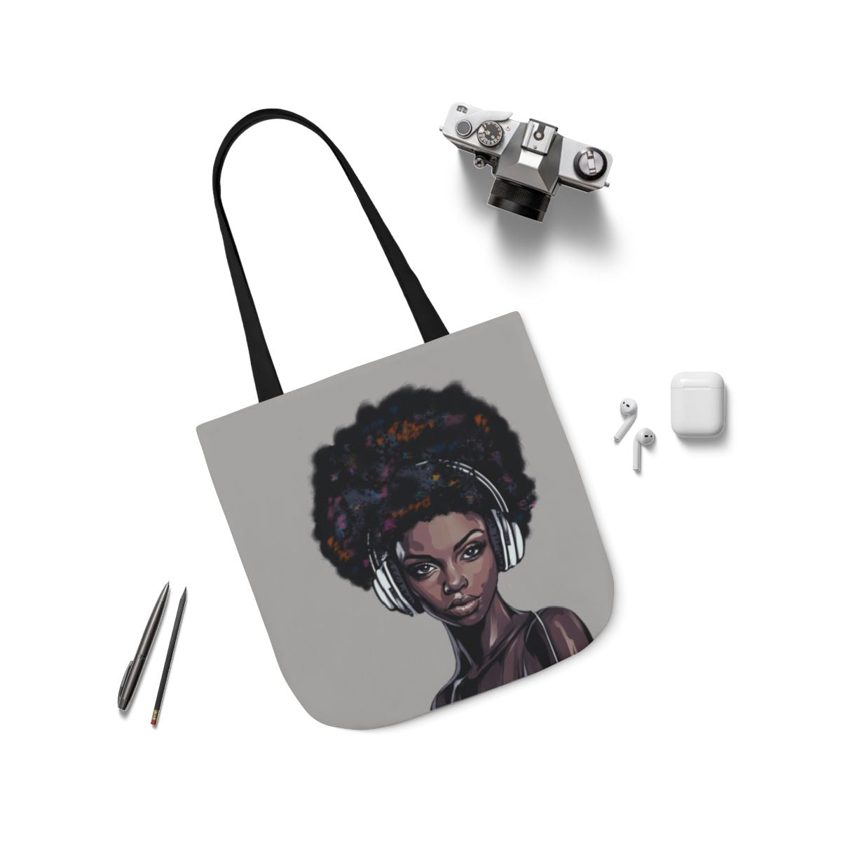 Afro Woman with Headphones Canvas Tote Bag — Music Lover Art Tote