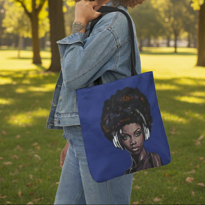 Afro Woman with Headphones Canvas Tote Bag — Music Lover Art Tote