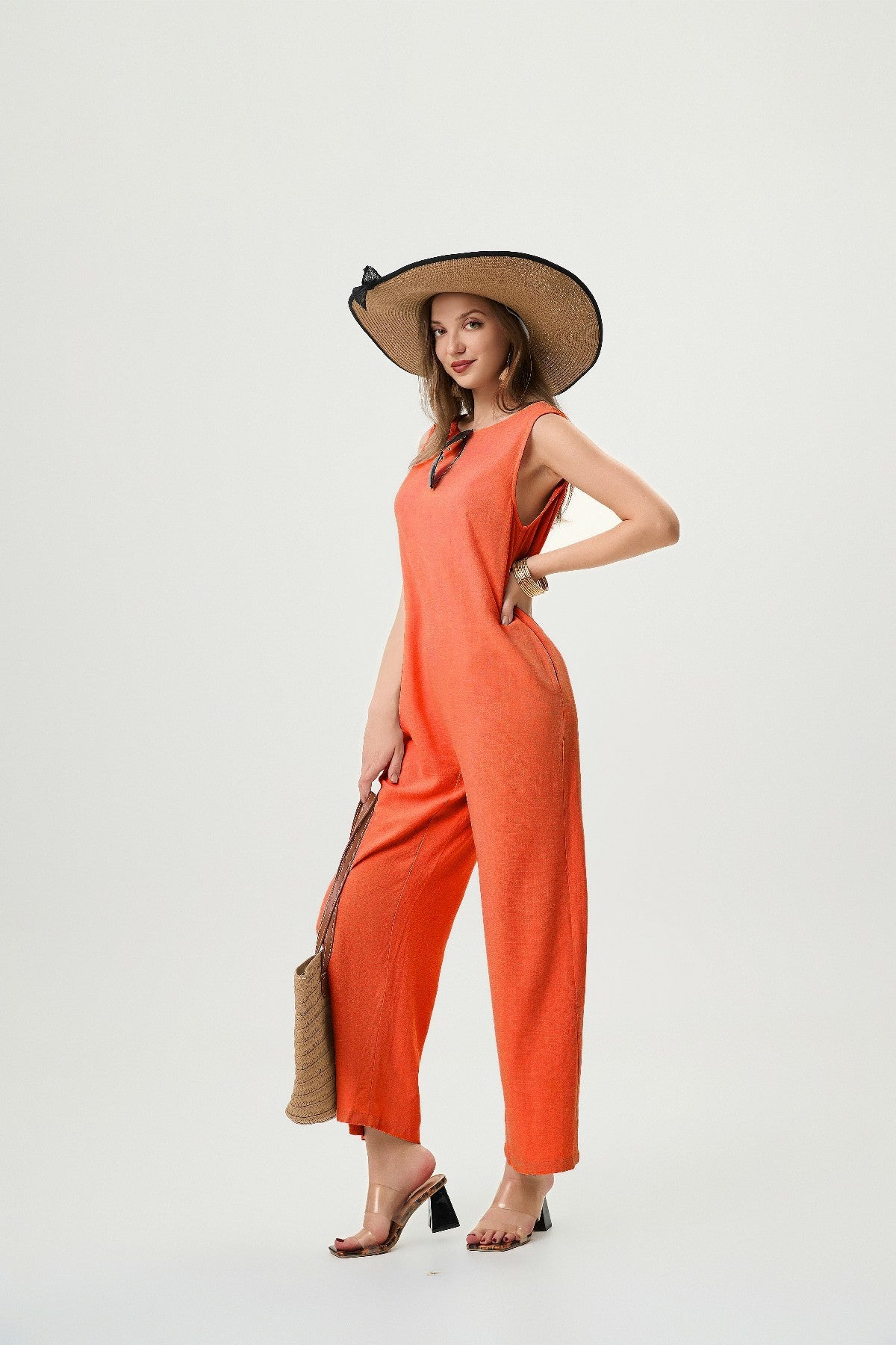 Orange Linen Jumpsuit - Comfortable And Breathable, Elastic Back With Classic H-Line Design And Pockets