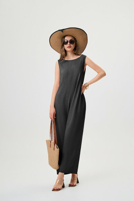 Linen Black Jumpsuit - Comfortable And Breathable, Elastic Back With Classic H-Line Design And Pockets