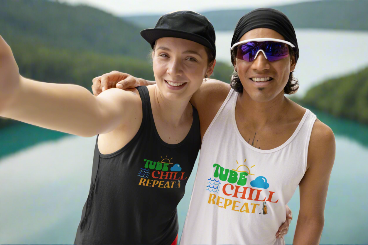 Tube Chill Repeat Tank hiking, camping, camper, fishing, boating, lake, river, being outdoors, sunshine, relaxing, meditation