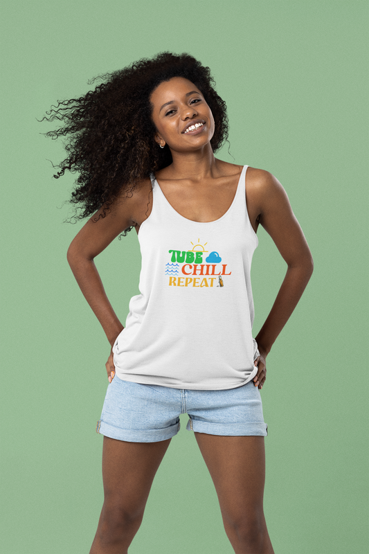 Tube Chill Repeat Tank hiking, camping, camper, fishing, boating, lake, river, being outdoors, sunshine, relaxing, meditation