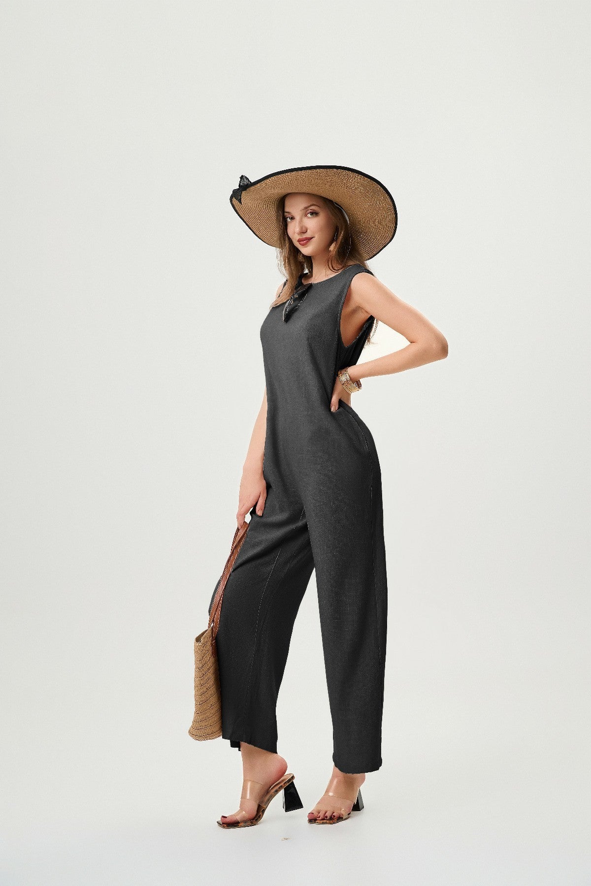 Linen Black Jumpsuit - Comfortable And Breathable, Elastic Back With Classic H-Line Design And Pockets