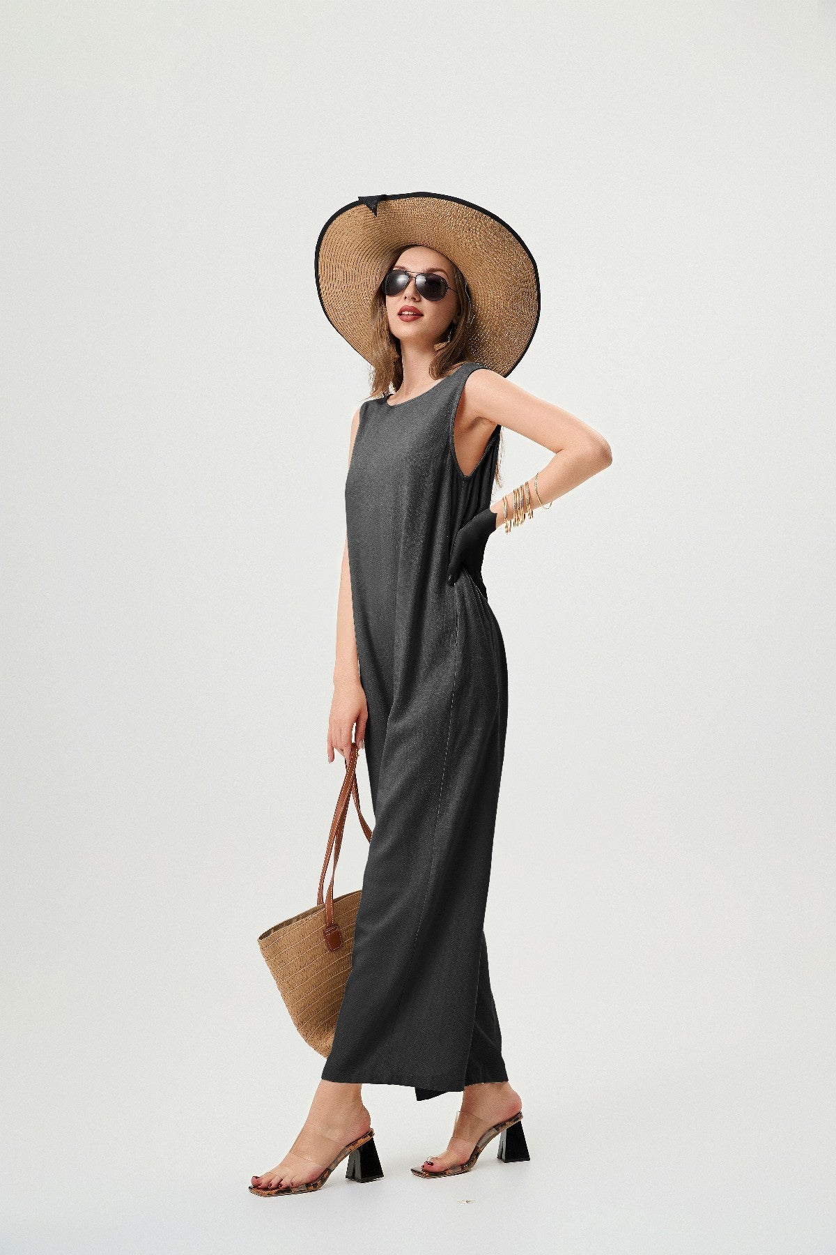 Linen Black Jumpsuit - Comfortable And Breathable, Elastic Back With Classic H-Line Design And Pockets