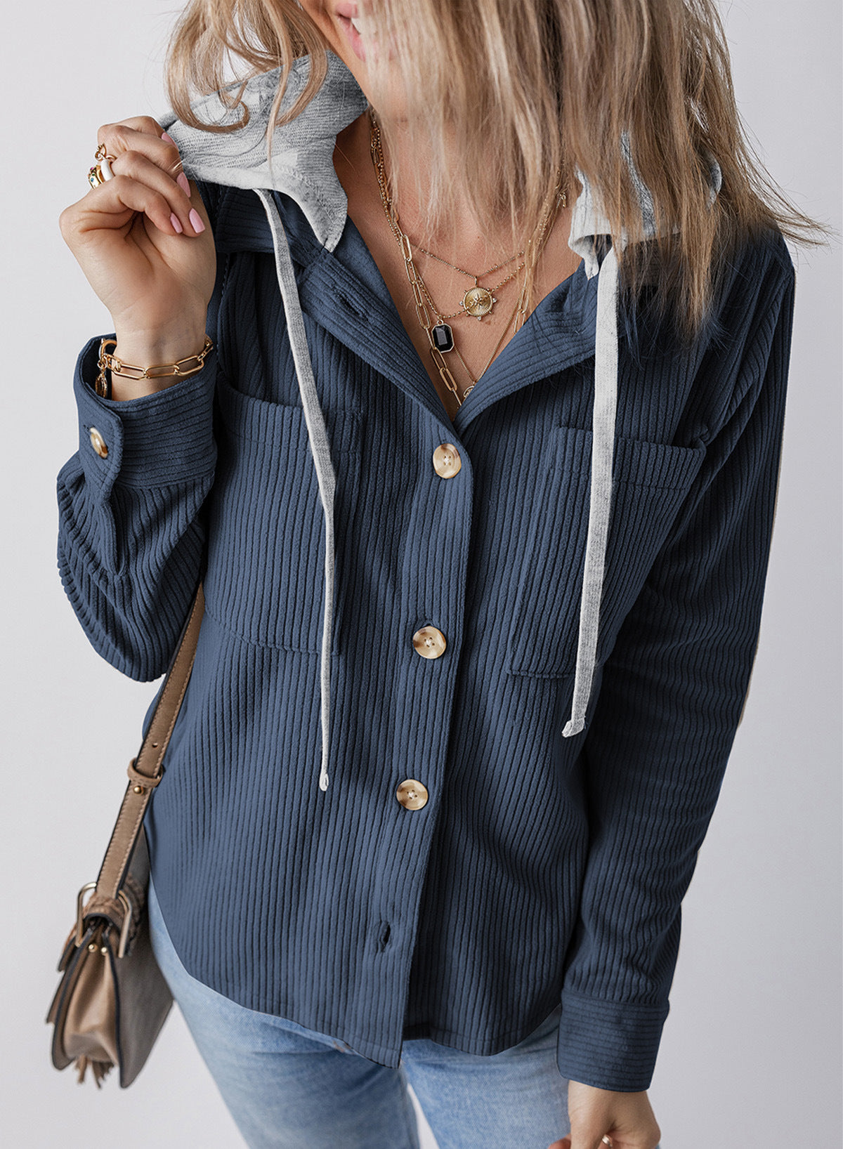 Lapel Buckle Cardigan Pouch Hooded Drawstring Striped Coat