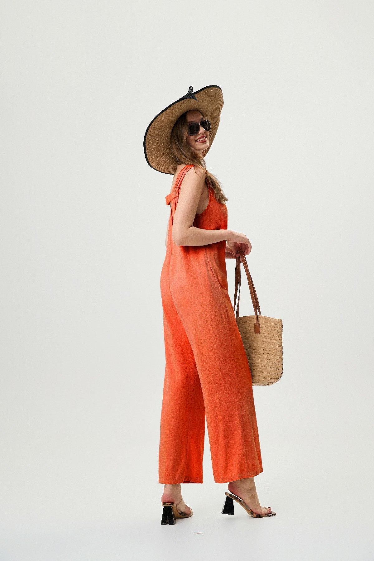 Orange Linen Jumpsuit - Comfortable And Breathable, Elastic Back With Classic H-Line Design And Pockets