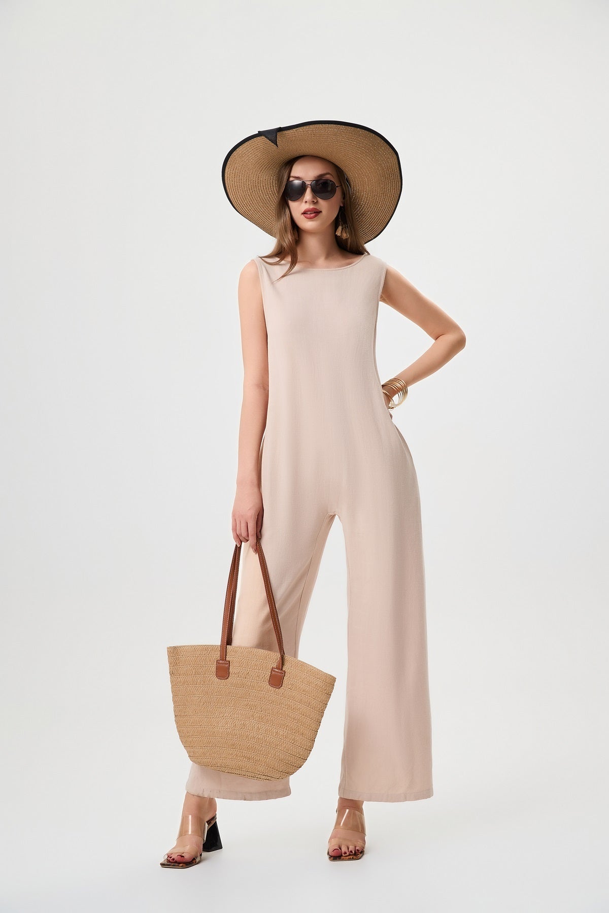 Khaki Linen Jumpsuit - Comfortable And Breathable, Elastic Back With Classic H-Line Design And Pockets