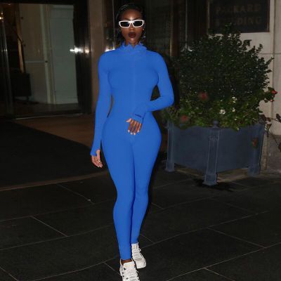 Zipper Stretch Turtleneck And Embroidered Slim Fit Fitness Jumpsuit Yoga Suit