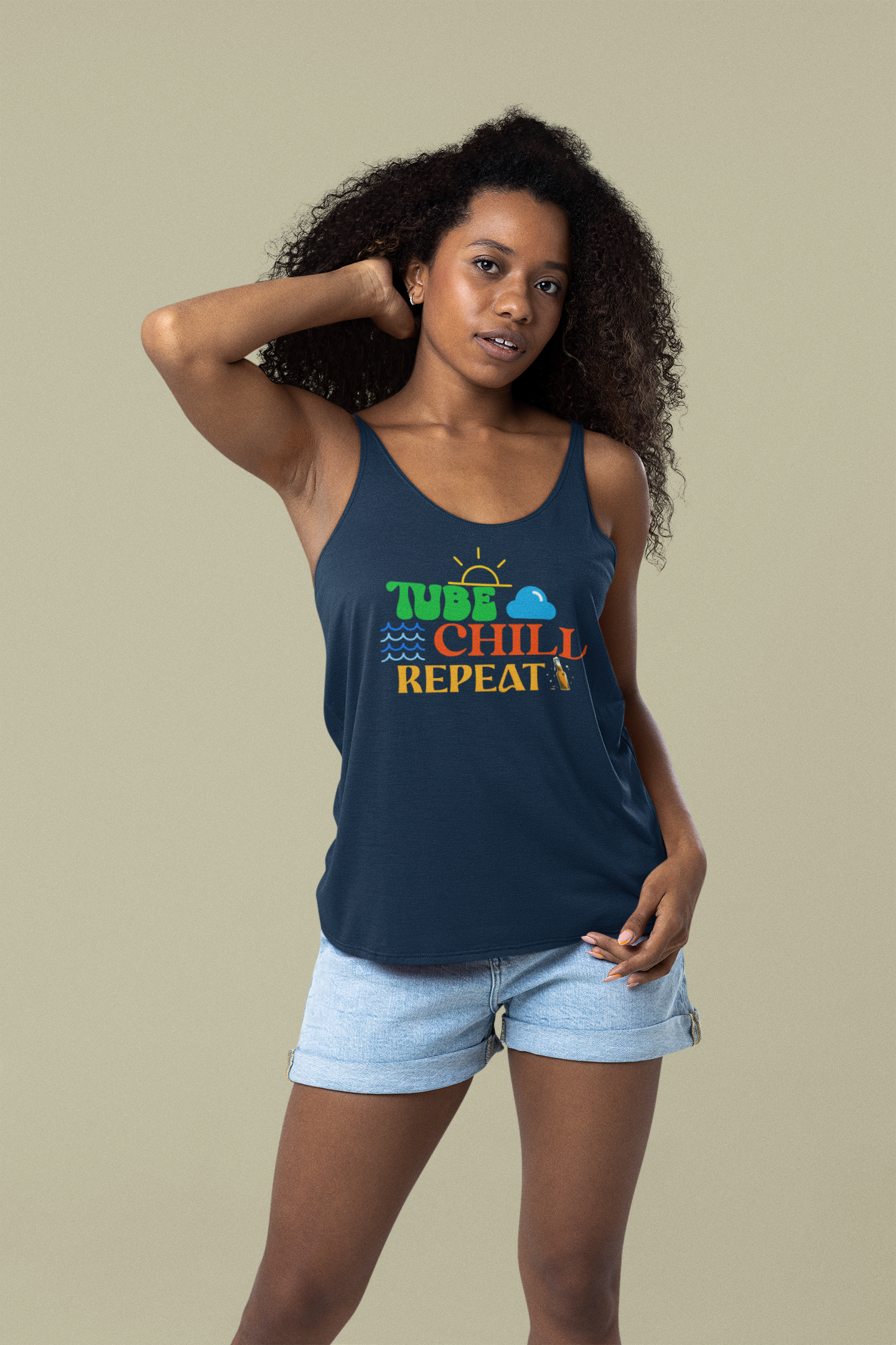 Tube Chill Repeat Tank hiking, camping, camper, fishing, boating, lake, river, being outdoors, sunshine, relaxing, meditation