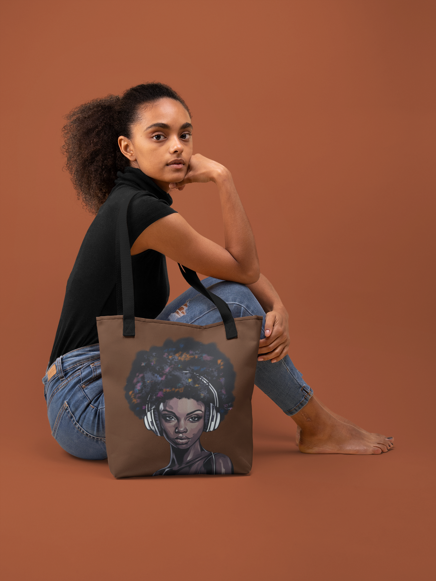 Afro Woman with Headphones Canvas Tote Bag — Music Lover Art Tote