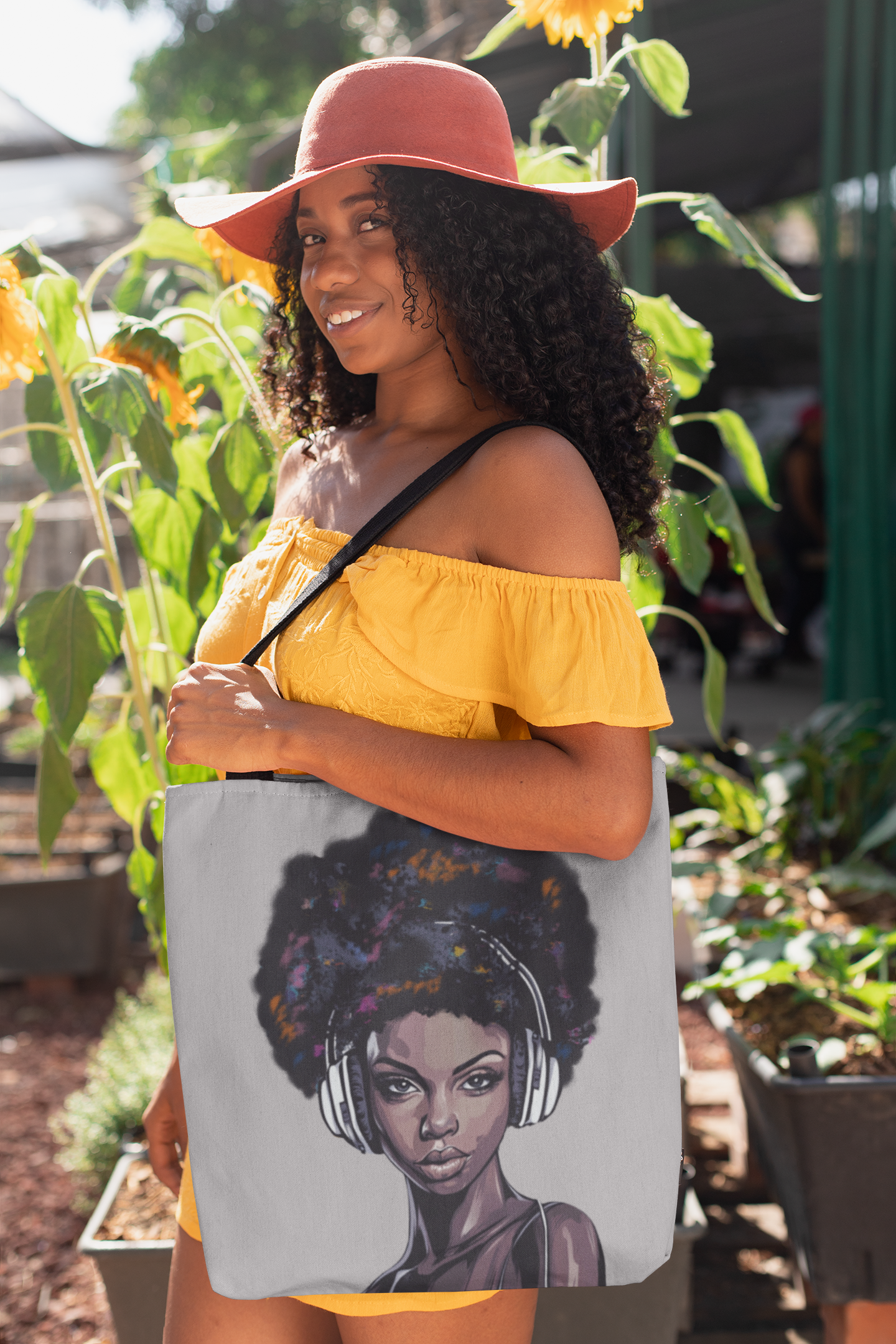 Afro Woman with Headphones Canvas Tote Bag — Music Lover Art Tote